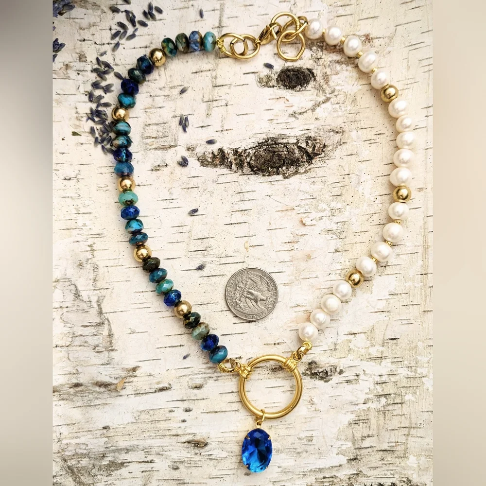 Blue Glass & Crystal Beads & White Freshwater Pearls In Assymetrical Necklace